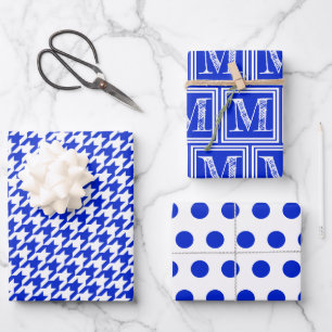 Royal Blue Houndstooth Monogram Polka Dot Wrapping Paper Sheets