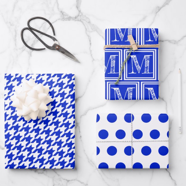Royal Blue Houndstooth Monogram Polka Dot Wrapping Paper Sheets (Front)