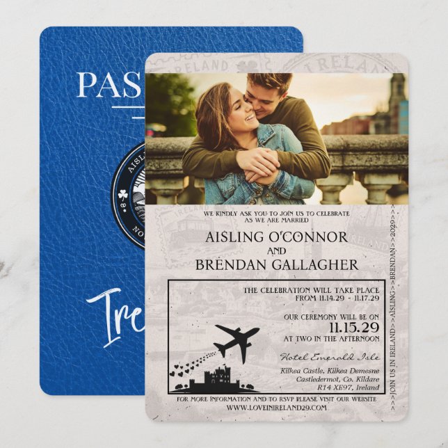 Royal Blue Ireland Passport Wedding Invitation (Front/Back)