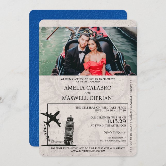 Royal Blue Italy Passport Wedding Invitation (Front/Back)