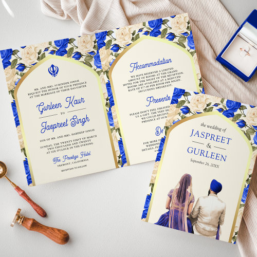 Royal Blue Ivory Floral All in One Sikh Wedding Invitation