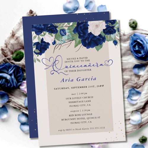 Royal Blue Ivory Floral Roses Quinceanera and Mass Invitation