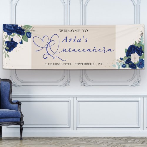 Royal Blue Ivory Floral Roses Quinceanera Welcome Banner