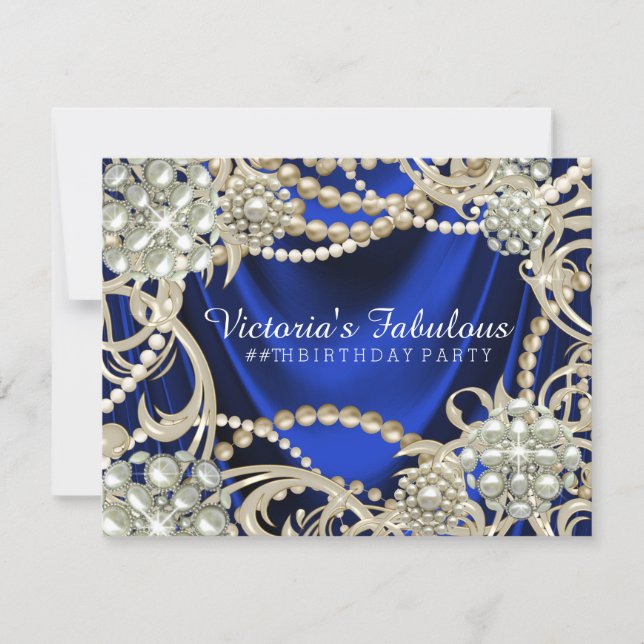 Royal Blue Ivory Pearl Birthday Party Invitation (Front)