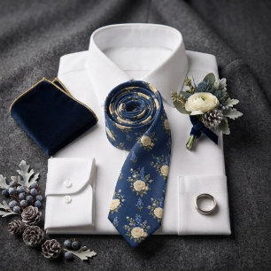 Royal Blue Ivory Rose Delphinium Chintz Bouquet Neck Tie