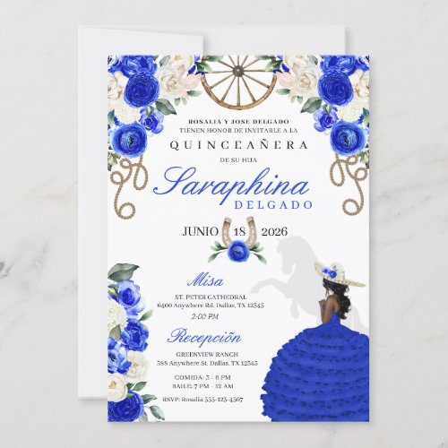 Royal Blue  Ivory Roses Western Quinceaera Invitation