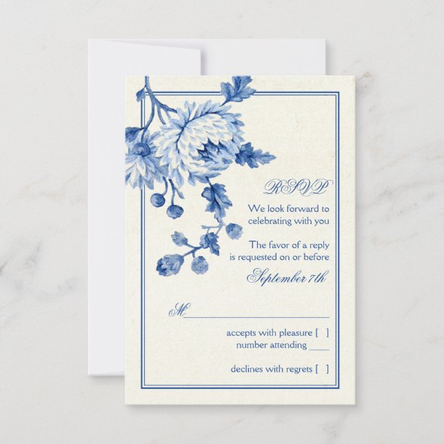 Royal Blue Ivory Toile Floral Wedding RSVP Reply Invitation (Front)