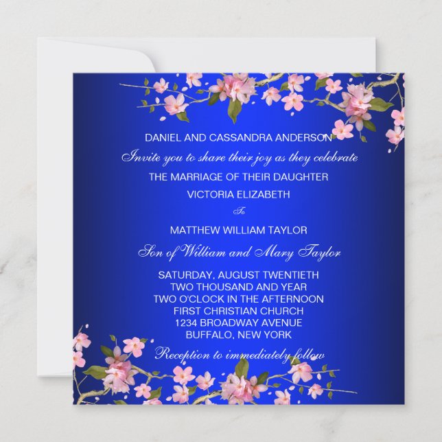 Royal Blue Japanese Cherry Blossoms Wedding Invitation (Front)