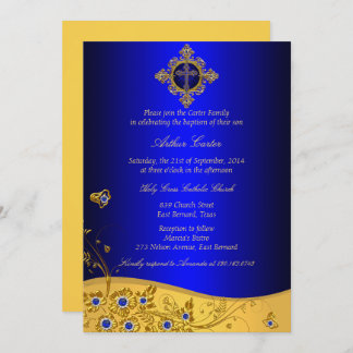 Royal Blue Jewel Floral & Cross Baptism Invitation