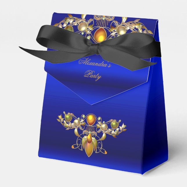 Royal Blue Jewelled Black Gold Party Favor Box (Front Side)
