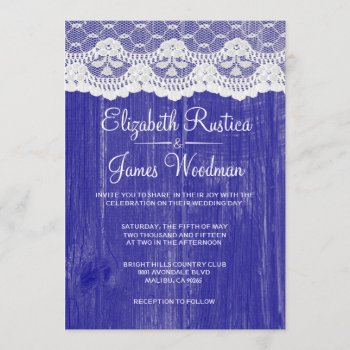 Royal Blue Lace & Barn Wood Wedding Invitations by topinvitations at Zazzle