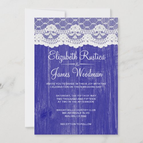 Royal Blue Lace &amp; Barn Wood Wedding Invitations