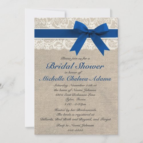 Royal Blue Lace Burlap Bridal Shower Invitation
