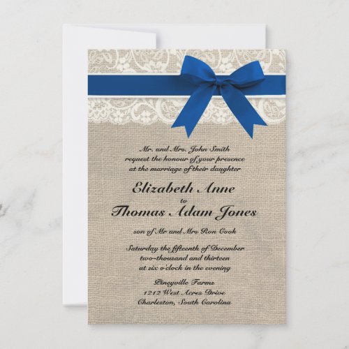 Royal Blue Lace &amp; Burlap Wedding Invite 2