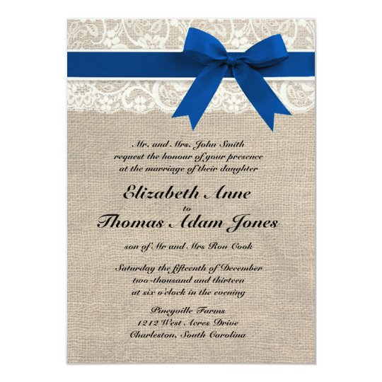 Royal Blue Lace & Burlap Wedding Invite 2 | Zazzle.com