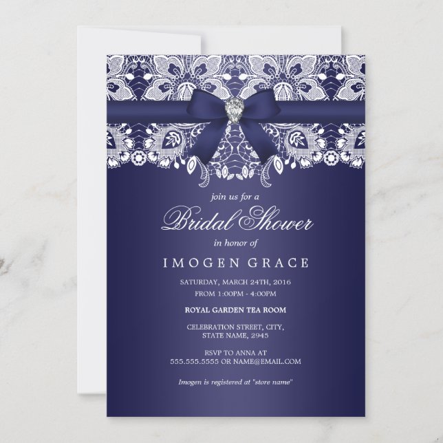 Royal Blue Lace & Diamond Bow Bridal Shower Invitation (Front)