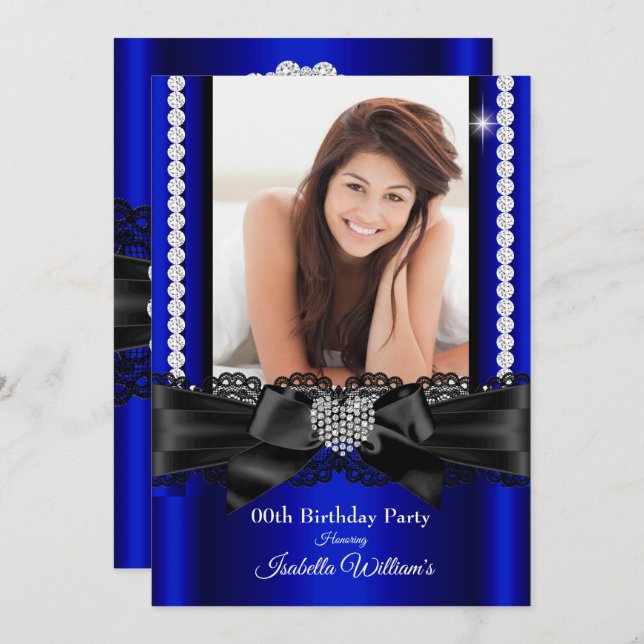 Royal Blue Lace Diamond Heart Photo Birthday Party Invitation (Front/Back)
