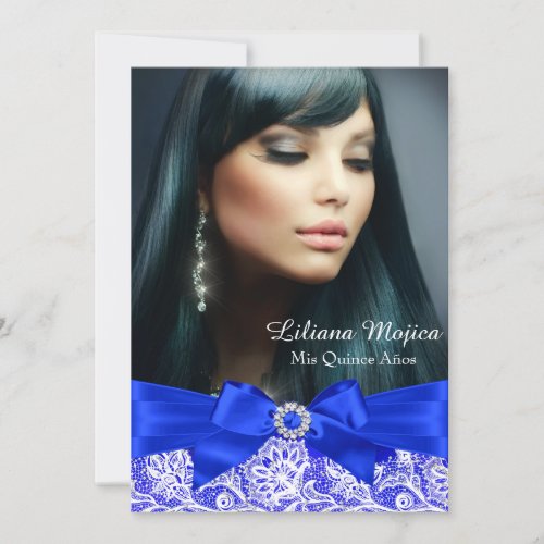 Royal Blue Lace  Jewel Bow Quinceanera Invitation