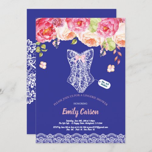 Royal blue lace lingerie shower bridal party invitation