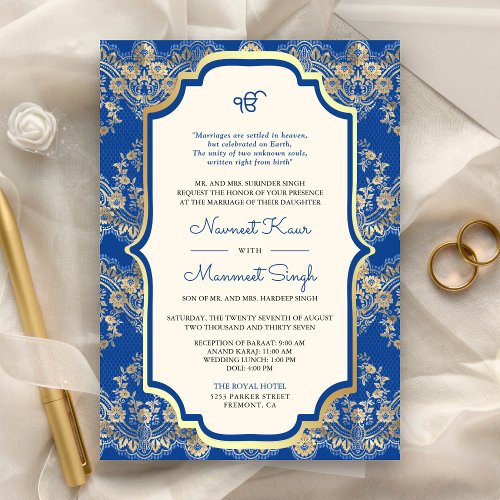 Royal Blue Lace QR Code Anand Karaj Sikh Wedding Invitation
