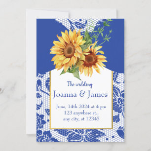 Royal Blue Lace Sunflower Wedding Invitation