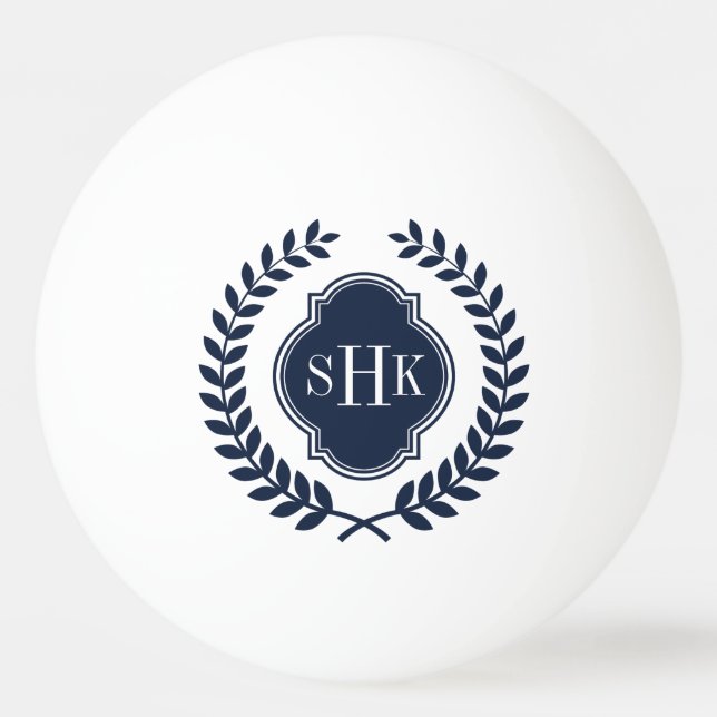 Royal-Blue Laurel Wreath Crest Custom Monogram Ping Pong Ball (Front)