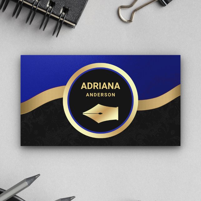 Royal Blue Lawyer Attorney Gold Pen Nib Notary Business Card (Creator Uploaded)