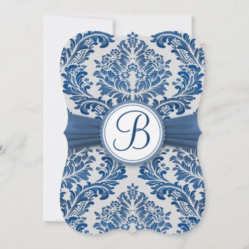Royal blue leafy damask monogram Wedding Invite