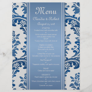 Royal blue leafy damask Wedding Menu Flyer