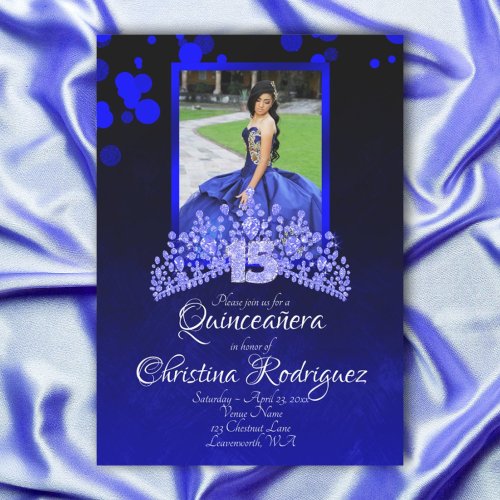 Royal Blue Light Blue Tiara Rhineston Quinceanera Invitation