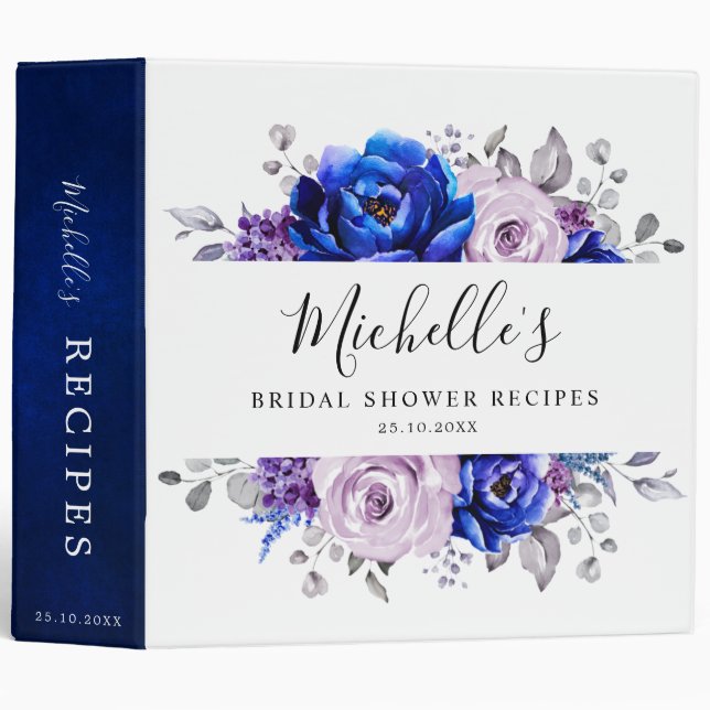 Royal Blue Lilac Purple Bridal Shower Recipe 3 Rin Ring Binder (Front/Spine)