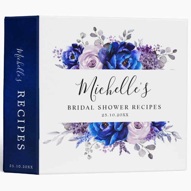 Royal Blue Lilac Purple Bridal Shower Recipe 3 Ring Binder (Front/Spine)