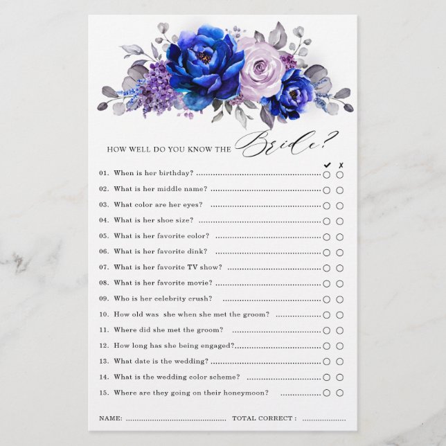 Royal Blue Lilac Purple Floral Bridal Shower Game (Front)