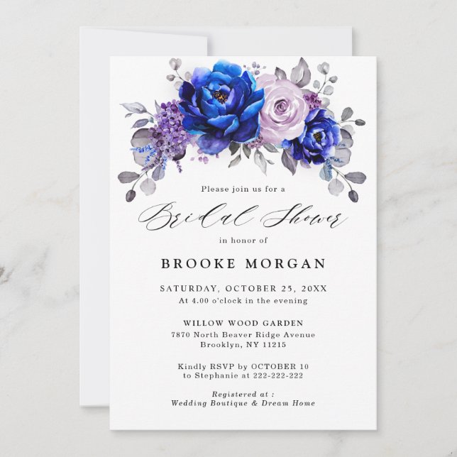 Royal Blue Lilac Purple Floral Bridal Shower Invitation (Front)