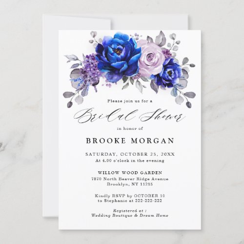 Royal Blue Lilac Purple Floral Bridal Shower Invitation