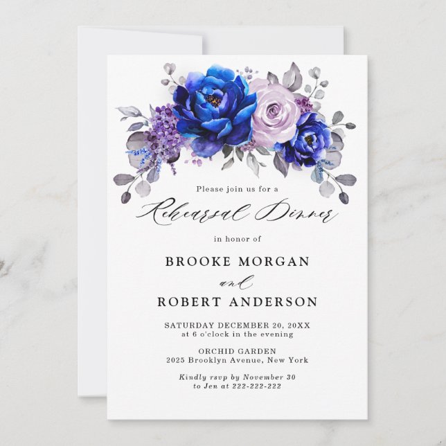 Royal Blue Lilac Purple Floral Rehearsal Dinner Invitation (Front)