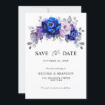 Royal Blue Lilac Purple Floral Save The Date<br><div class="desc">Elegant royal blue lilac lavender floral theme save the date card featuring elegant bouquet of royal blue,  Navy,  silver,  lilac color rose flowers buds and sage green eucalyptus leaves. Please contact me for any help in customization or if you need any other product with this design.</div>