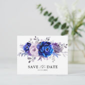 Royal Blue Lilac Purple Floral Save the Date Postcard (Standing Front)