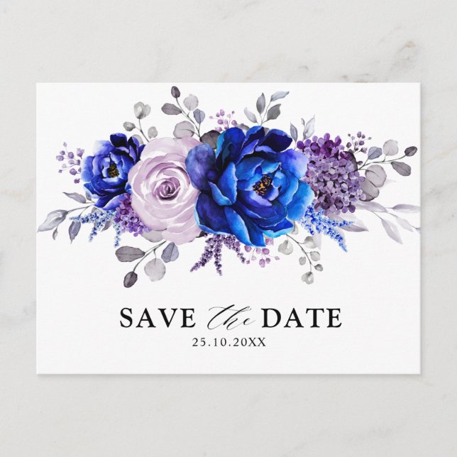 Royal Blue Lilac Purple Floral Save the Date Postcard (Front)