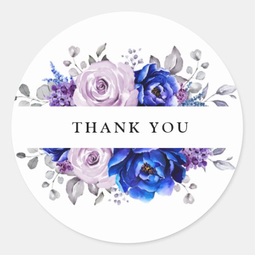 Royal Blue Lilac Purple Floral Thank you Classic Round Sticker