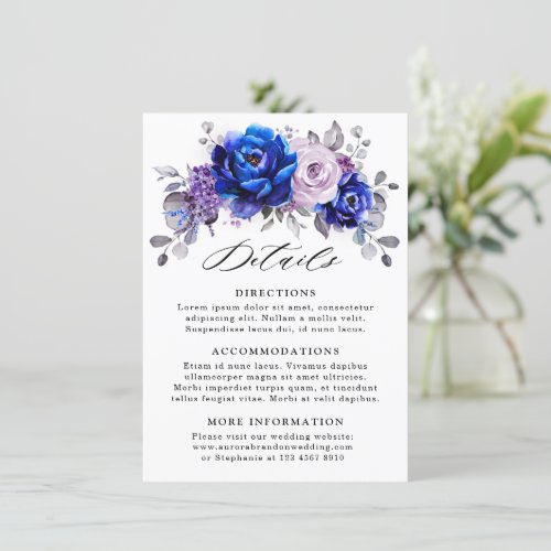 Royal Blue Lilac Purple Floral Wedding Details Enclosure Card