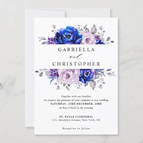 Royal Blue Lilac Purple Floral Wedding Invitation