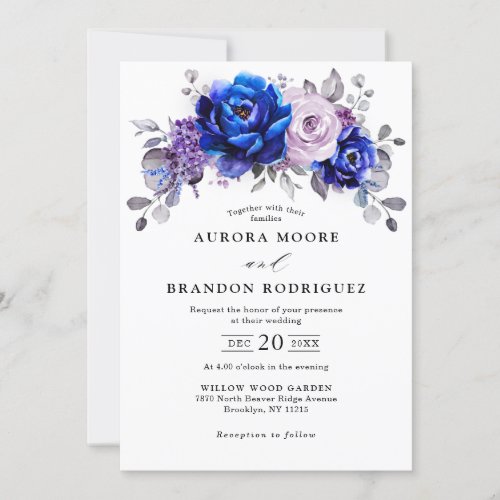 Royal Blue Lilac Purple Floral Wedding Invitation