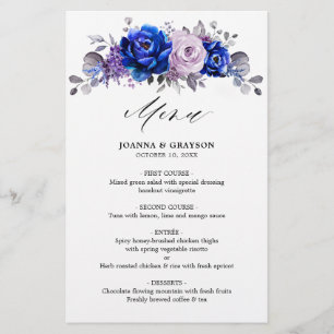 Royal Blue Lilac Purple Floral Wedding Menu