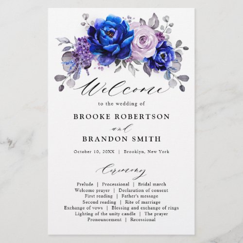 Royal Blue Lilac Purple Floral Wedding Program