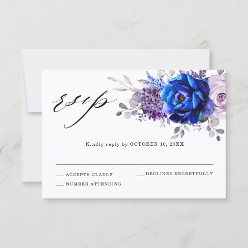 Royal Blue Lilac Purple Floral Wedding RSVP Card