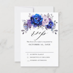 Royal Blue Lilac Purple Floral Wedding RSVP Card
