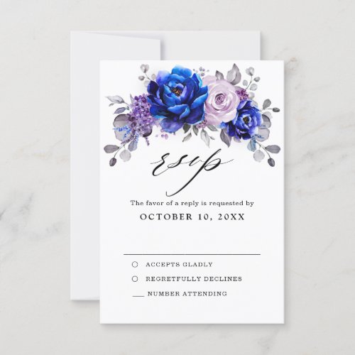 Royal Blue Lilac Purple Floral Wedding RSVP Card