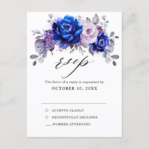 Royal Blue Lilac Purple Floral Wedding RSVP Postcard