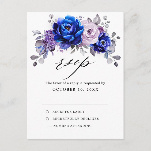Royal Blue Lilac Purple Floral Wedding RSVP Postcard (Front)